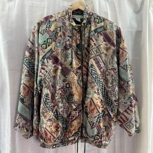 Vintage Silk Bomber Jacket‎ Floral Geometric Abstract Pattern Active Wear